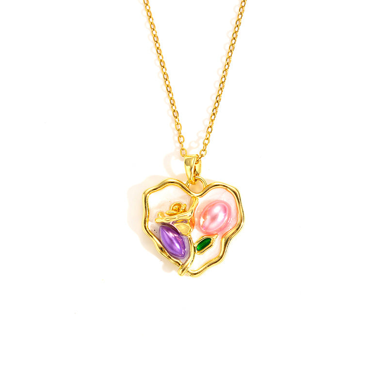 Wholesale rose oil painting high-grade necklace pearl color simple clavicle chain stainless steel plated 18k gold necklace for women
